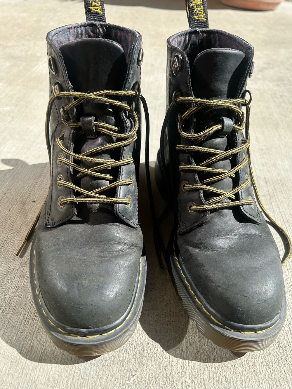 Dr. Martens Black Leather Lace-Up Ankle Boots with Yellow Stitching
